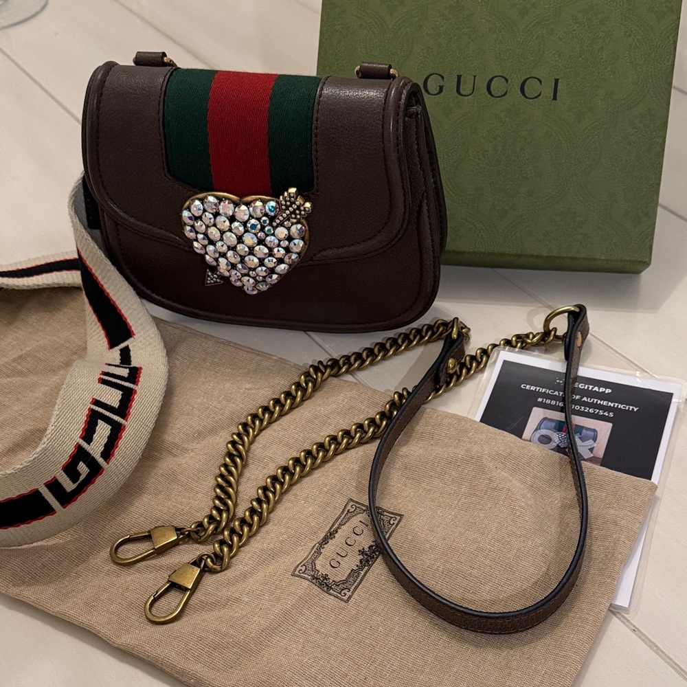 Gucci Totem Crystal Heart Brown Leather Crossbody with Two Straps - Picture 2 of 13